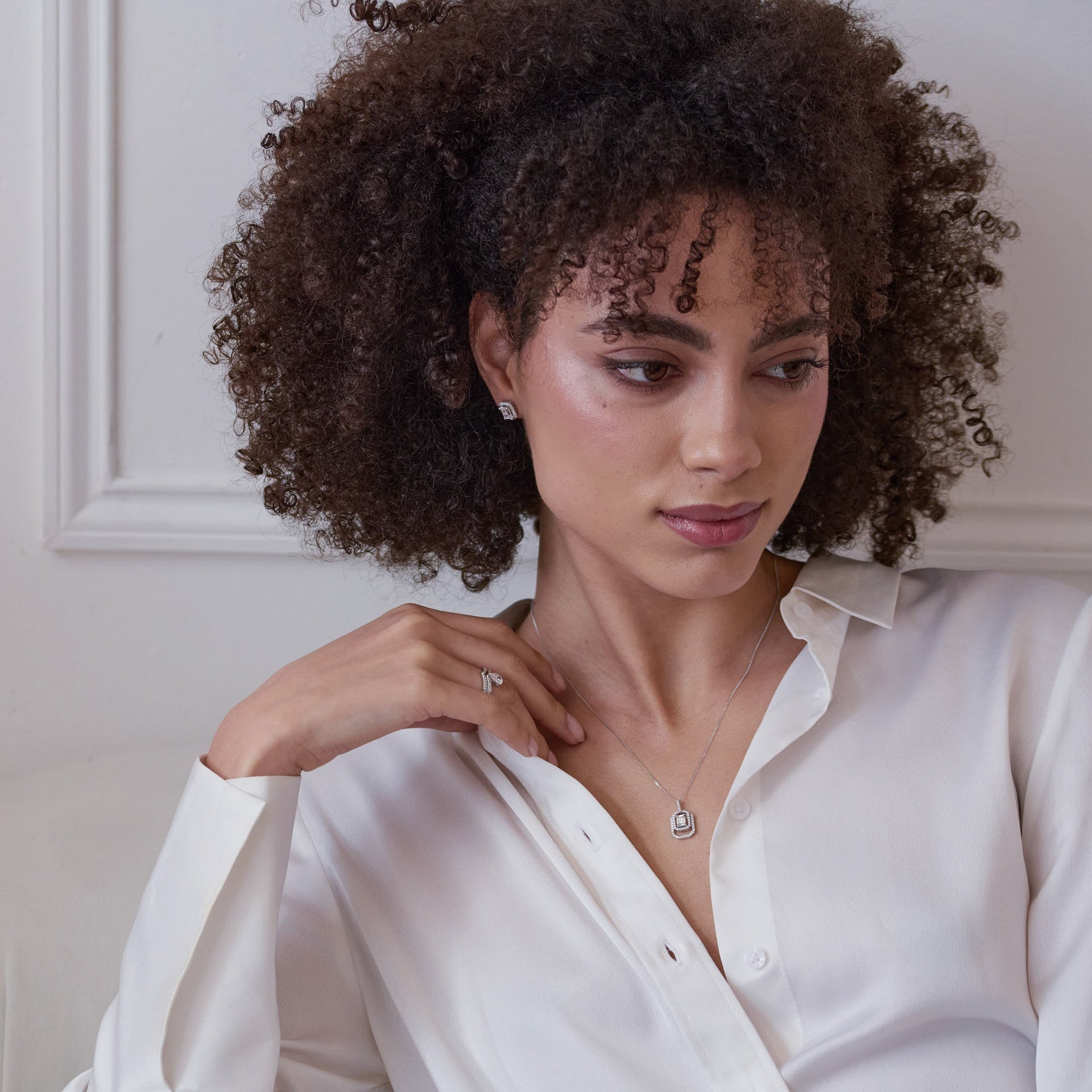 Lynn | 9ct White Gold 0.75ct tw Emerald Cut Lab Grown Diamond Double Halo Necklace 18 Inches