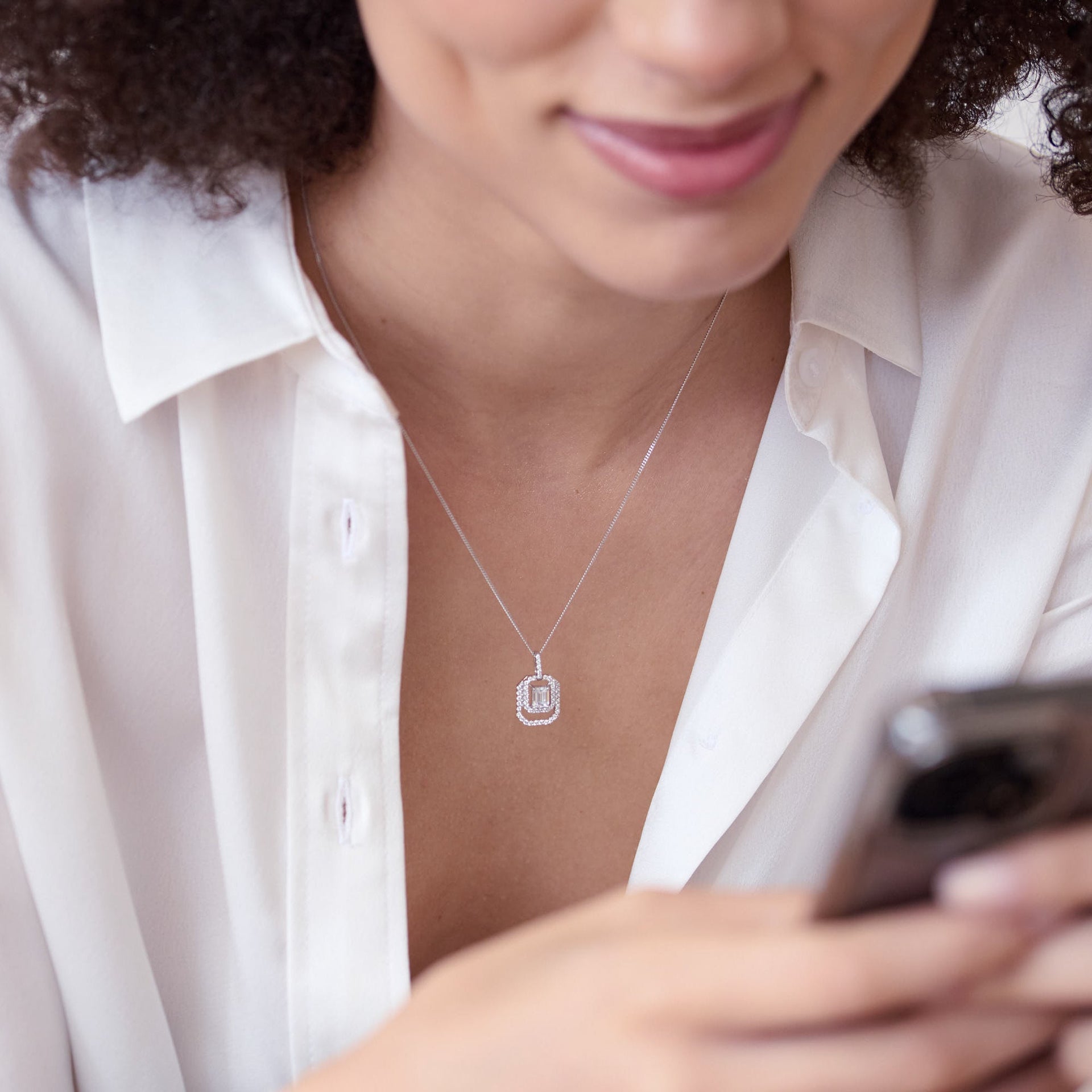 Lynn | 9ct White Gold 0.75ct tw Emerald Cut Lab Grown Diamond Double Halo Necklace 18 Inches