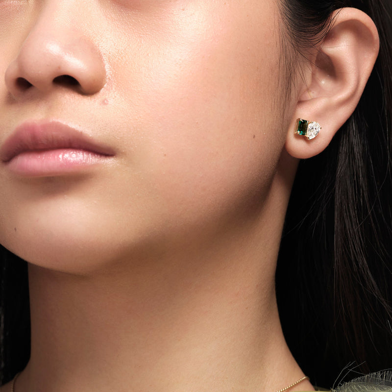 Unity | 9ct Yellow Gold 1.30ct tw. Lab Grown Diamond and Created Emerald Toi et Moi Stud Earrings
