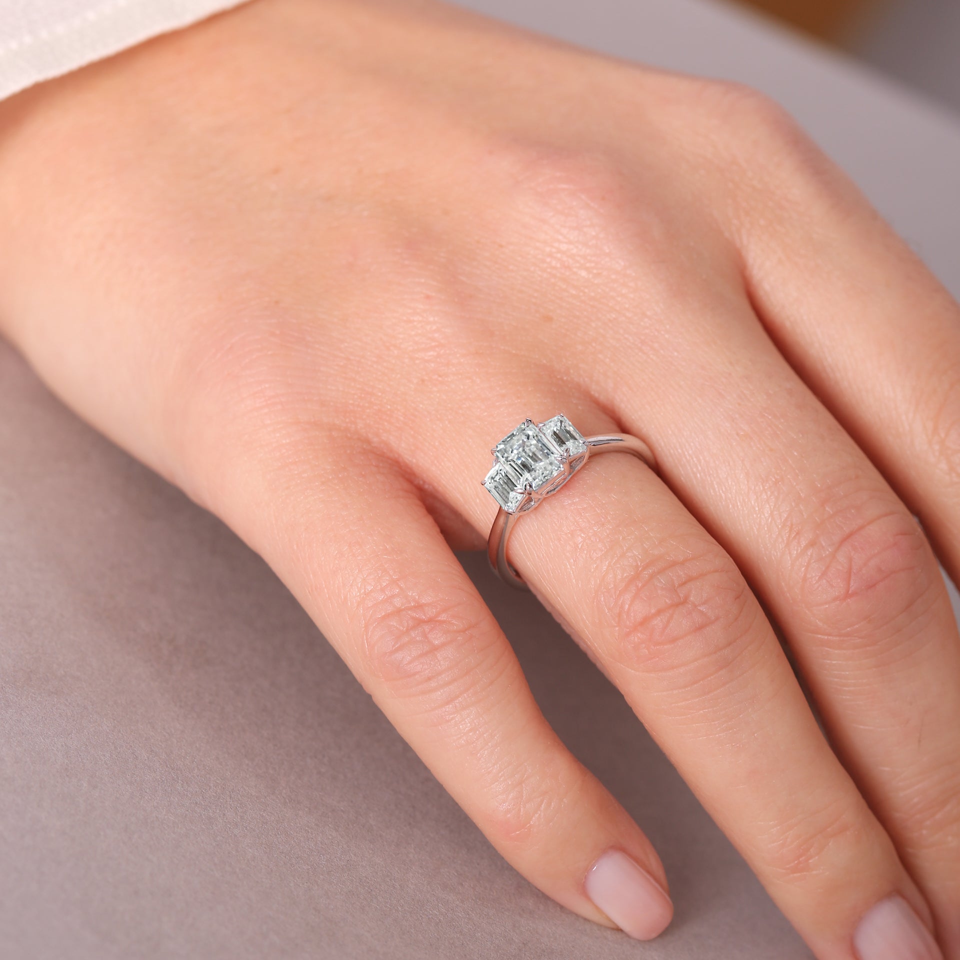 Murphy | 9ct White Gold 1.56ct tw Emerald Cut Lab Grown Diamond Three Stone Ring