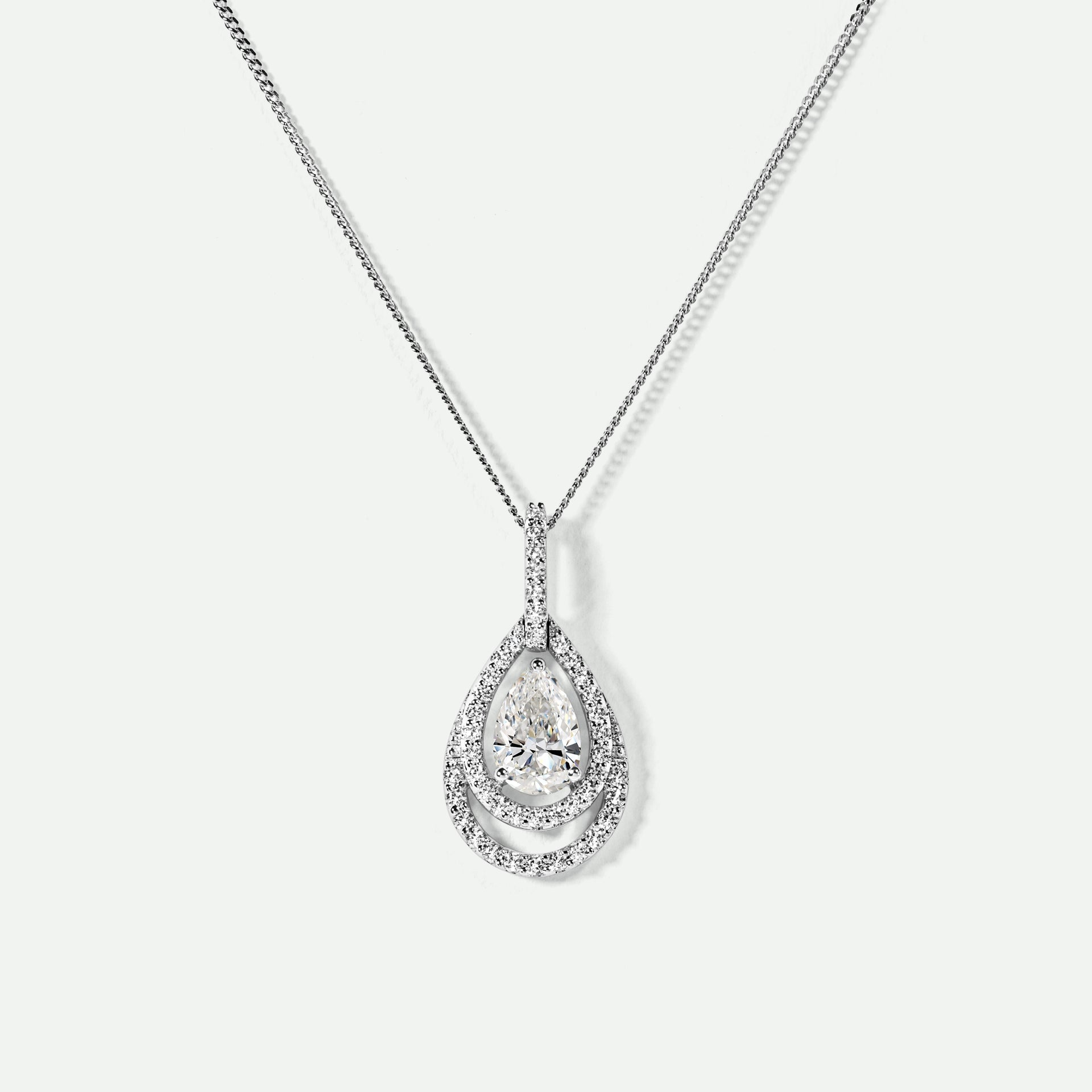 Boston | 9ct White Gold 0.75ct tw Pear Cut Lab Grown Diamond Double Halo Necklace 18 Inches