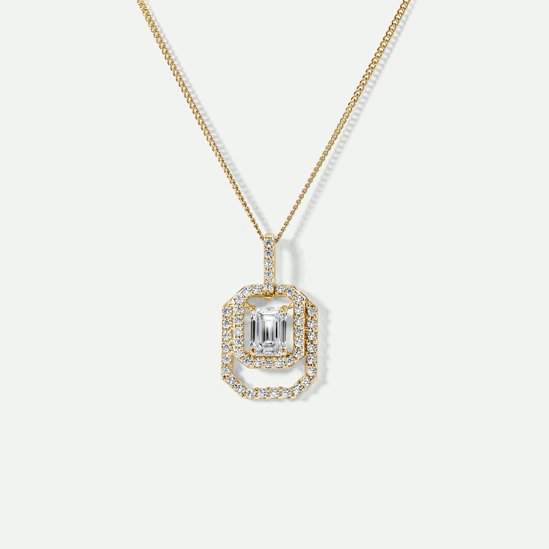 Lynn | 9ct Yellow Gold 0.75ct tw Emerald Cut Lab Grown Diamond Double Halo Necklace 18 Inches