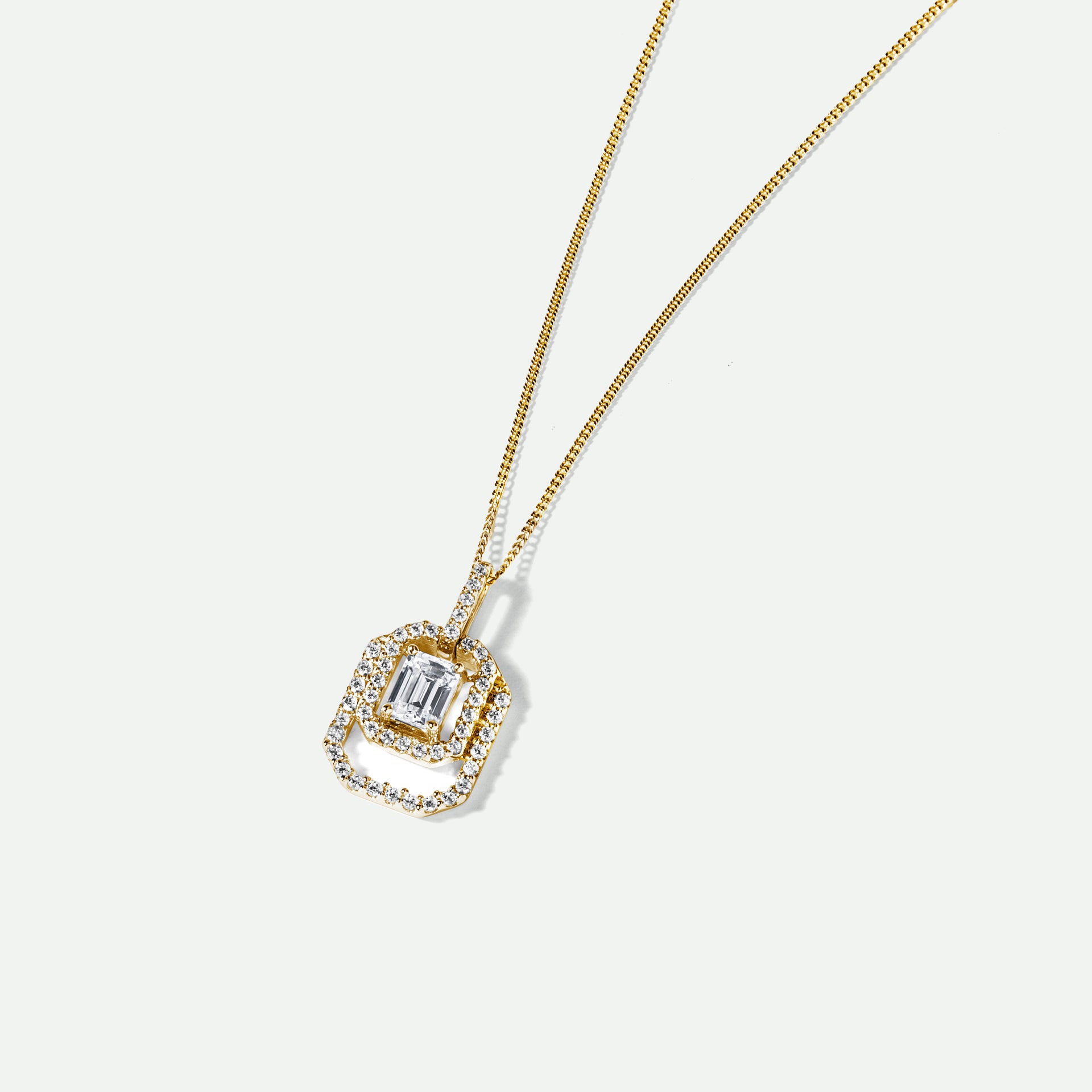 Lynn | 9ct Yellow Gold 0.75ct tw Emerald Cut Lab Grown Diamond Double Halo Necklace 18 Inches