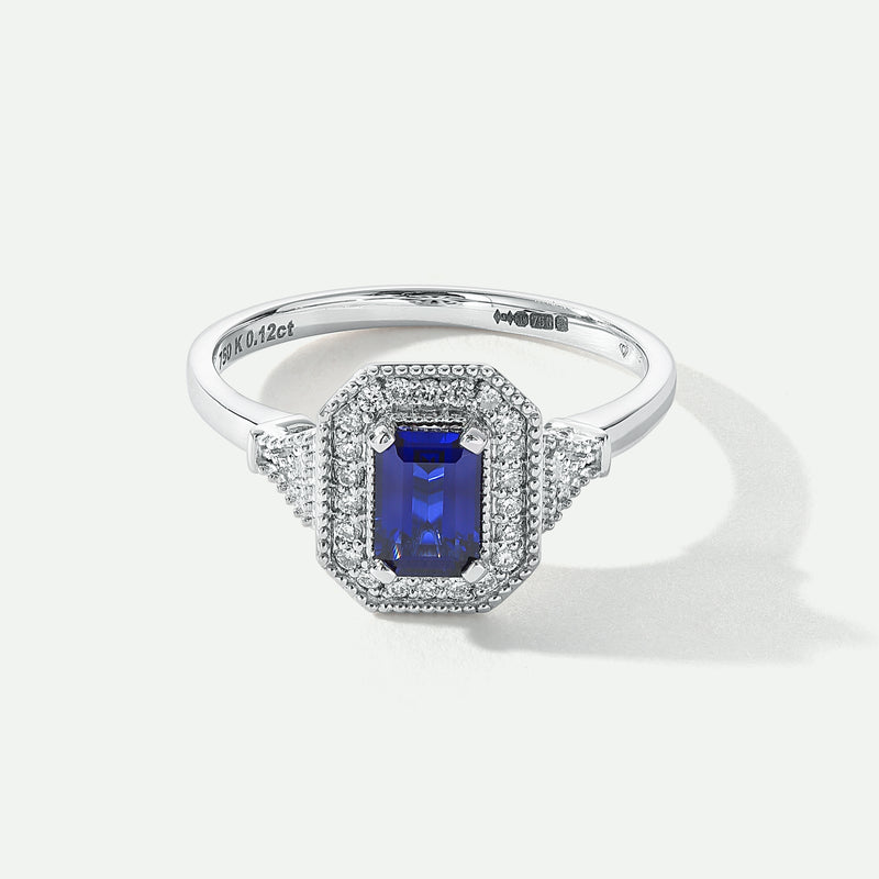 Vera | 18ct White Gold 0.12ct tw Lab Grown Diamond and Created Sapphire Vintage Ring