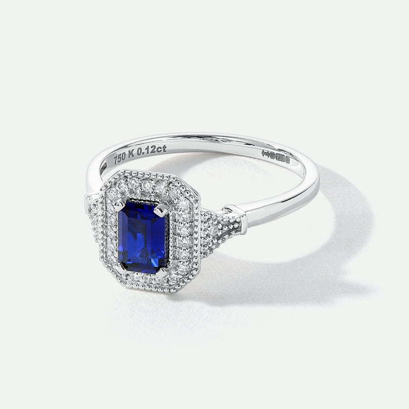 Vera | 18ct White Gold 0.12ct tw Lab Grown Diamond and Created Sapphire Vintage Ring