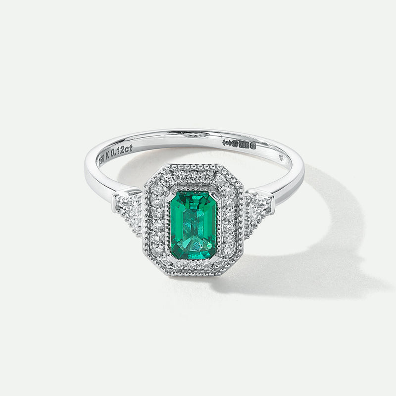 Vera | 18ct White Gold 0.12ct tw Lab Grown Diamond and Created Emerald Vintage Ring