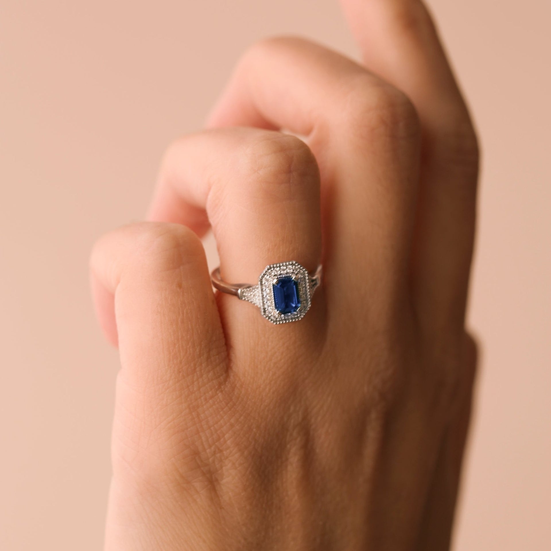 Vera | 18ct White Gold 0.12ct tw Lab Grown Diamond and Created Sapphire Vintage Ring