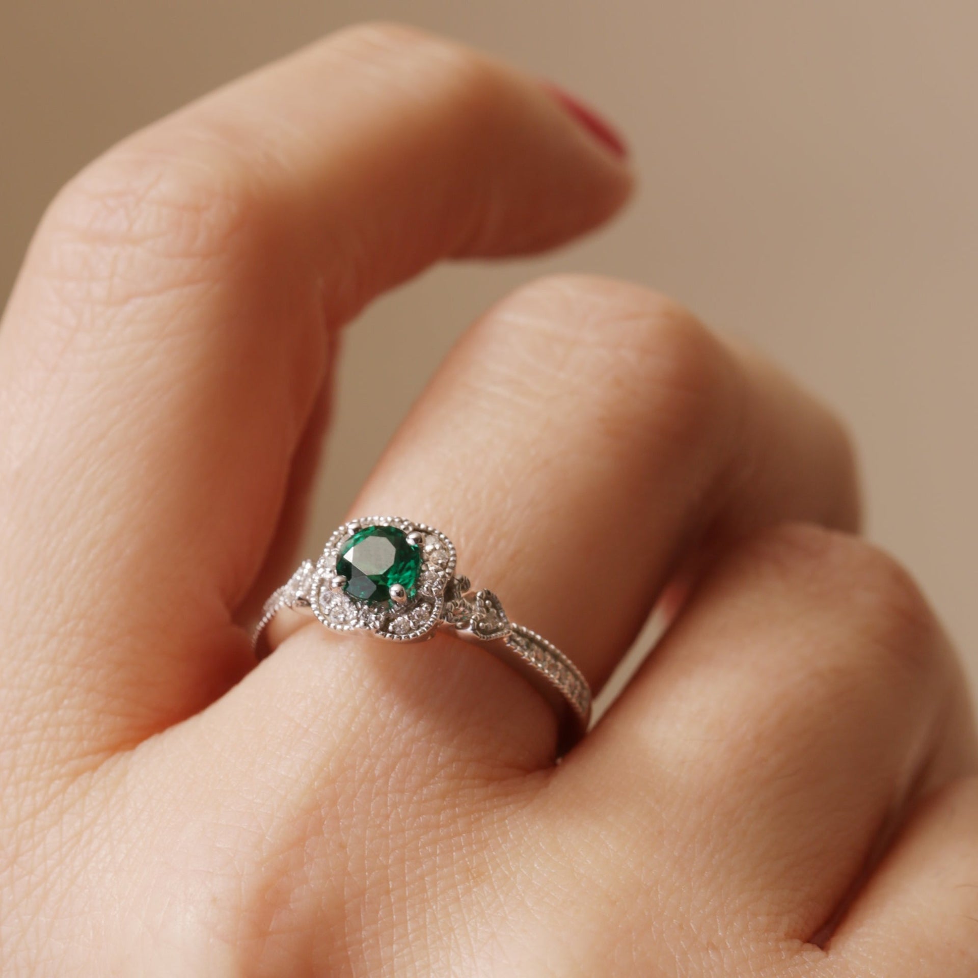 Harper | 18ct White Gold 0.12ct tw Lab Grown Diamond and Created Emerald Vintage Ring