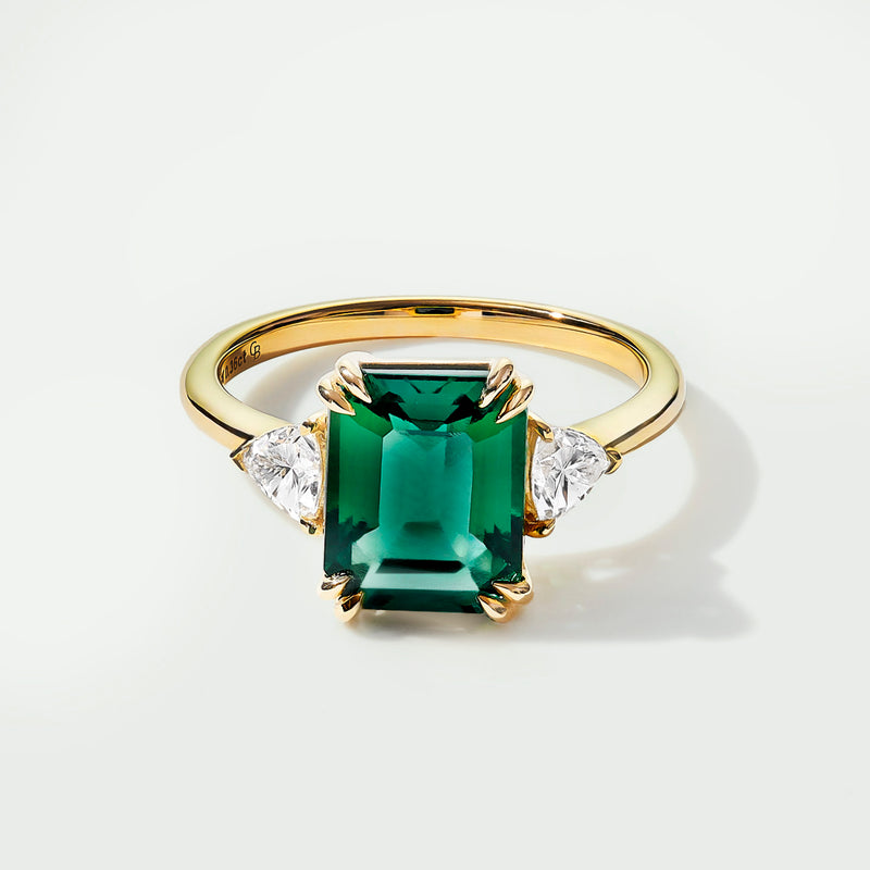 Cassie | 9ct Yellow Gold Created Emerald and 0.36ct tw Trillion Cut Lab Grown Diamond Engagement Ring