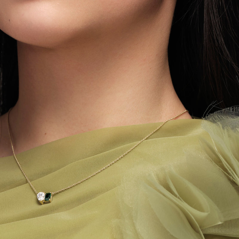 Elise | 9ct Yellow Gold 0.75ct Lab Grown Diamond and Created Emerald Toi et Moi Necklace