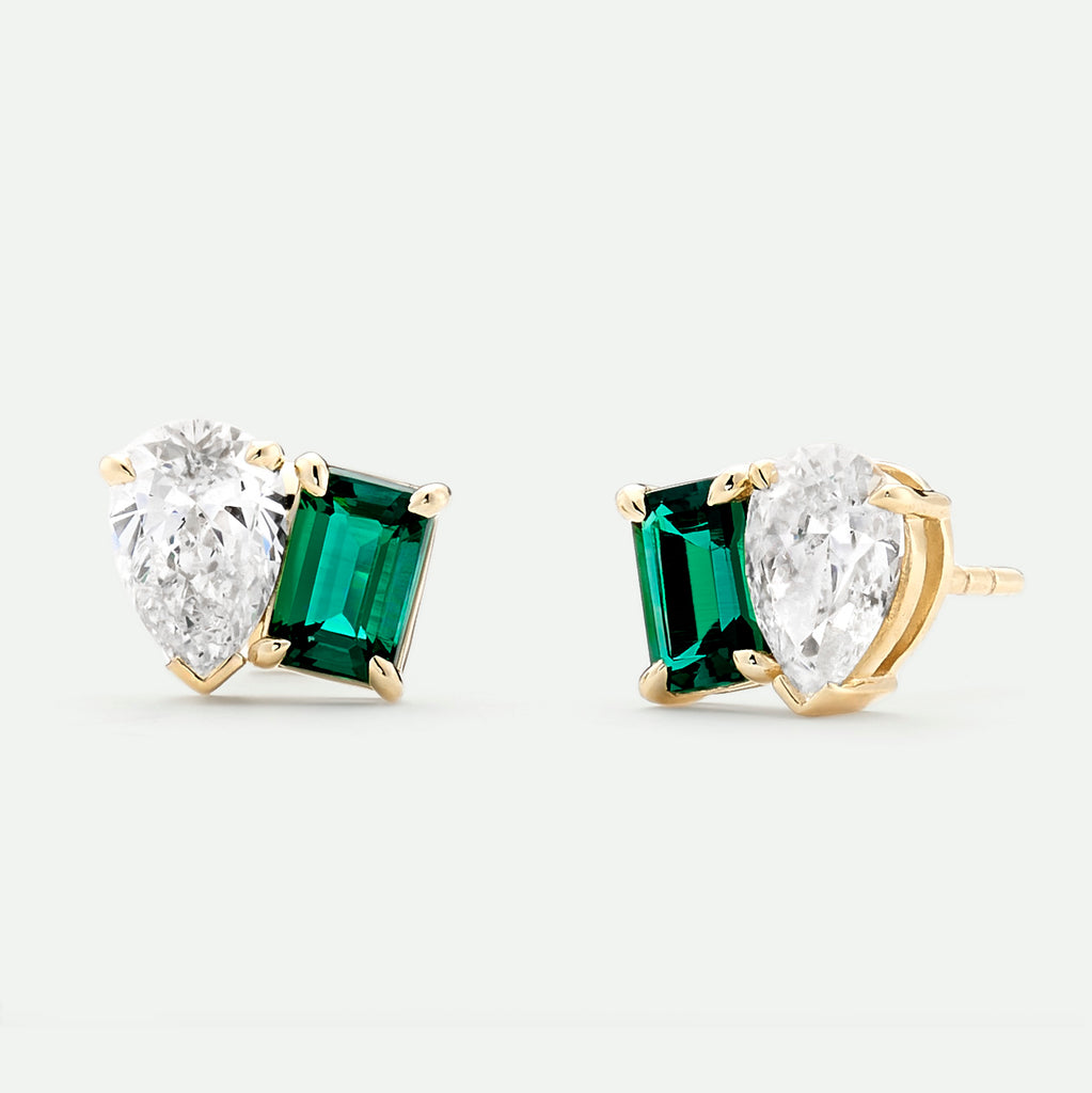 #Unity | 9ct Yellow Gold 1.30ct tw. Lab Grown Diamond and Created Emerald Toi et Moi Stud Earrings