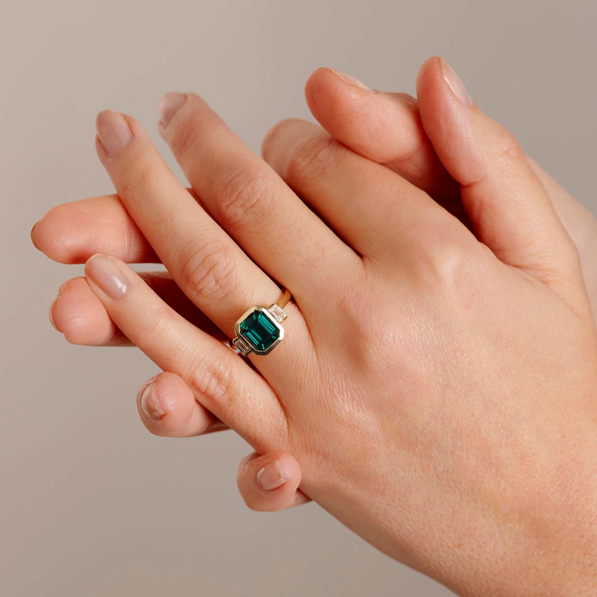 Astrid | 9ct Yellow Gold Created Emerald and 0.50ct tw. Lab Grown Diamond Trilogy