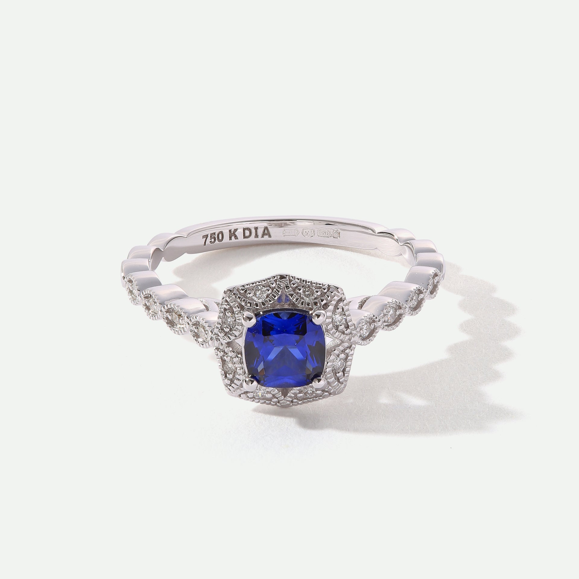 Harlow | 18ct White Gold 0.08ct tw Lab Grown Diamond and Created Sapphire Vintage Ring