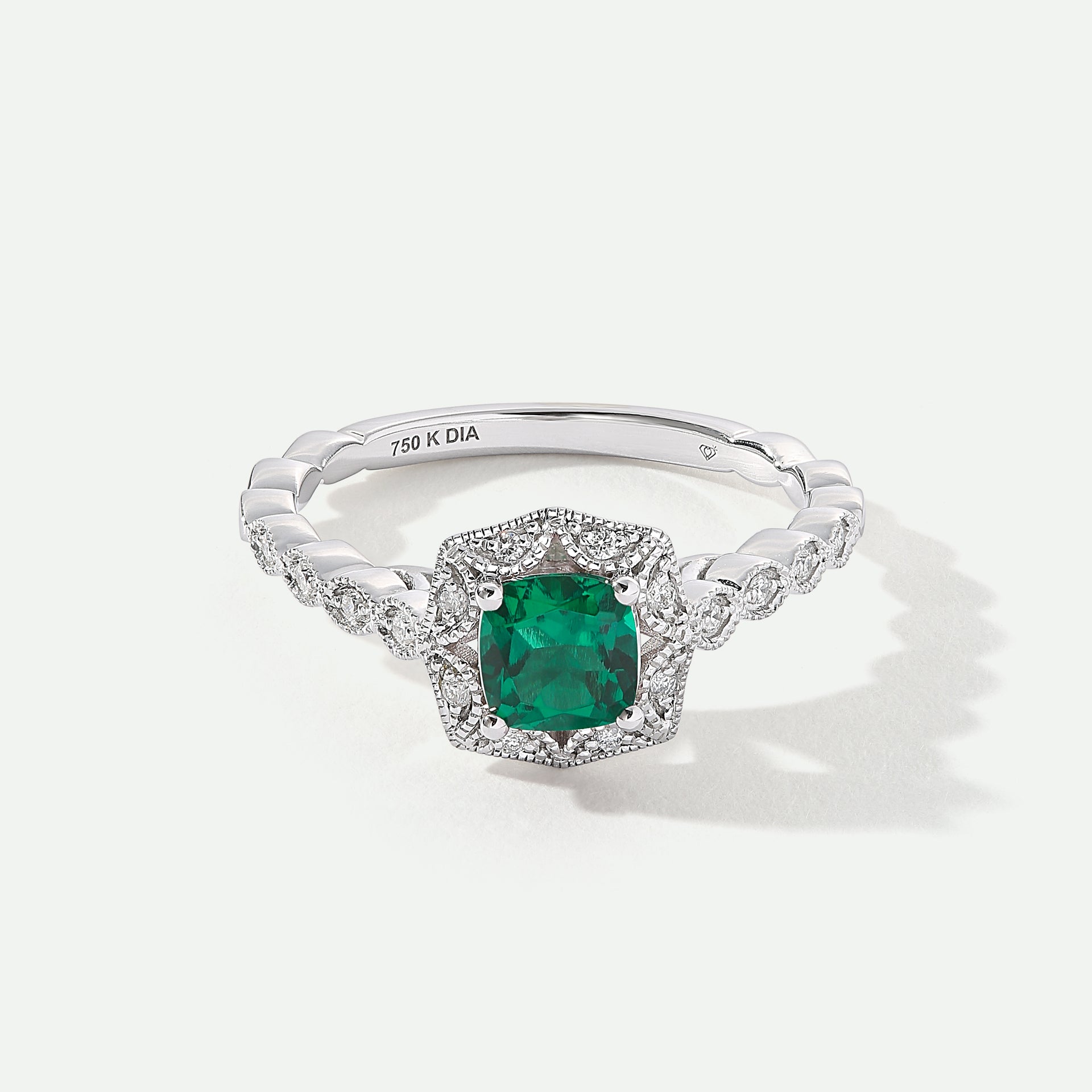 Harlow | 18ct White Gold 0.08ct tw Lab Grown Diamond and Created Emerald Vintage Ring