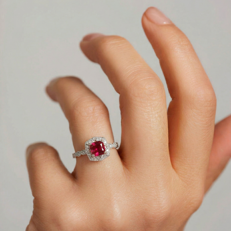 Harlow | 18ct White Gold 0.08ct tw Lab Grown Diamond and Created Ruby Vintage Ring