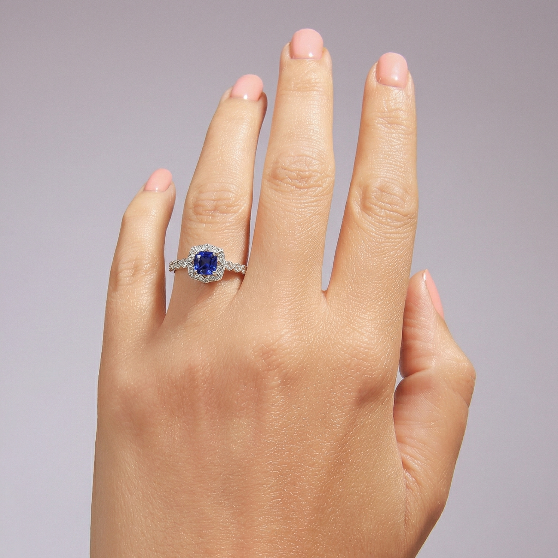 Harlow | 18ct White Gold 0.08ct tw Lab Grown Diamond and Created Sapphire Vintage Ring