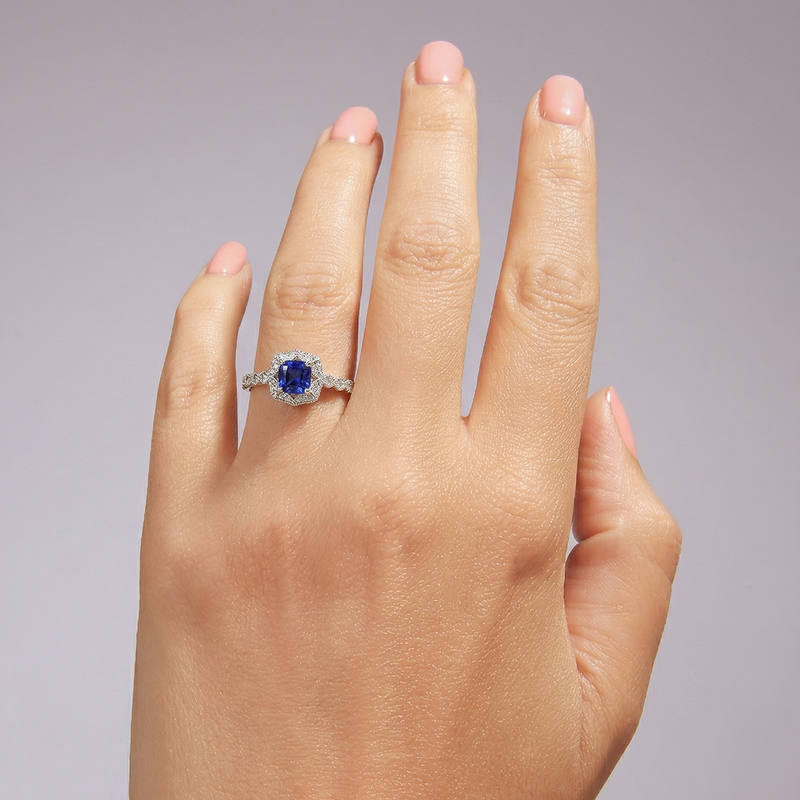 Harlow | 18ct White Gold 0.08ct tw Lab Grown Diamond and Created Sapphire Vintage Ring