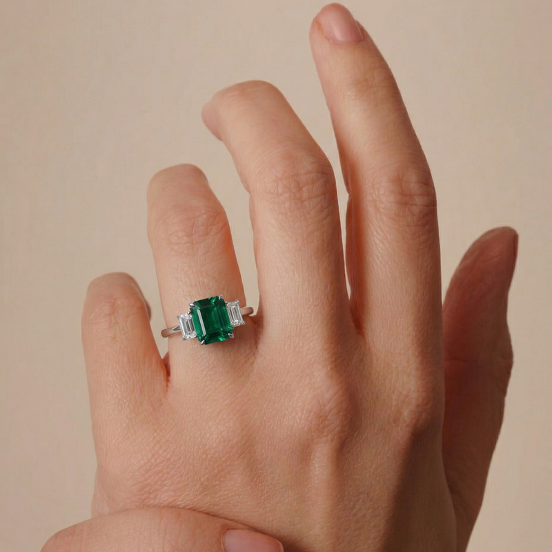 Murphy | 18ct White Gold Created Emerald and 0.58ct tw. Lab Grown Diamond Ring