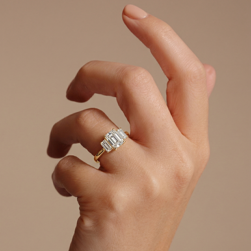 Murphy | 9ct Yellow Gold 1.56ct tw Emerald Cut Lab Grown Diamond Three Stone Ring