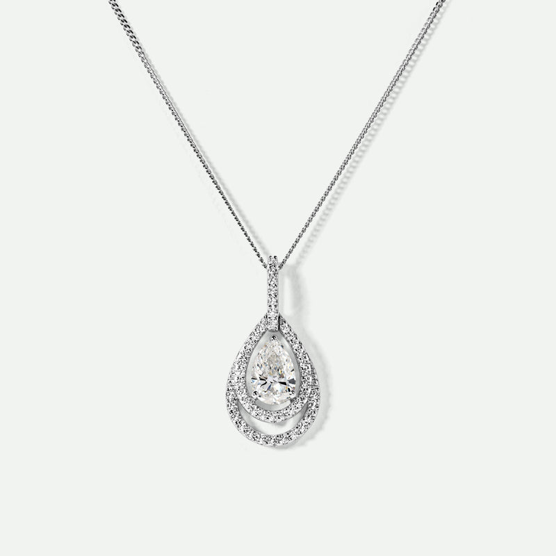 Boston | 9ct White Gold 0.75ct tw Pear Cut Lab Grown Diamond Double Halo Necklace 18 Inches