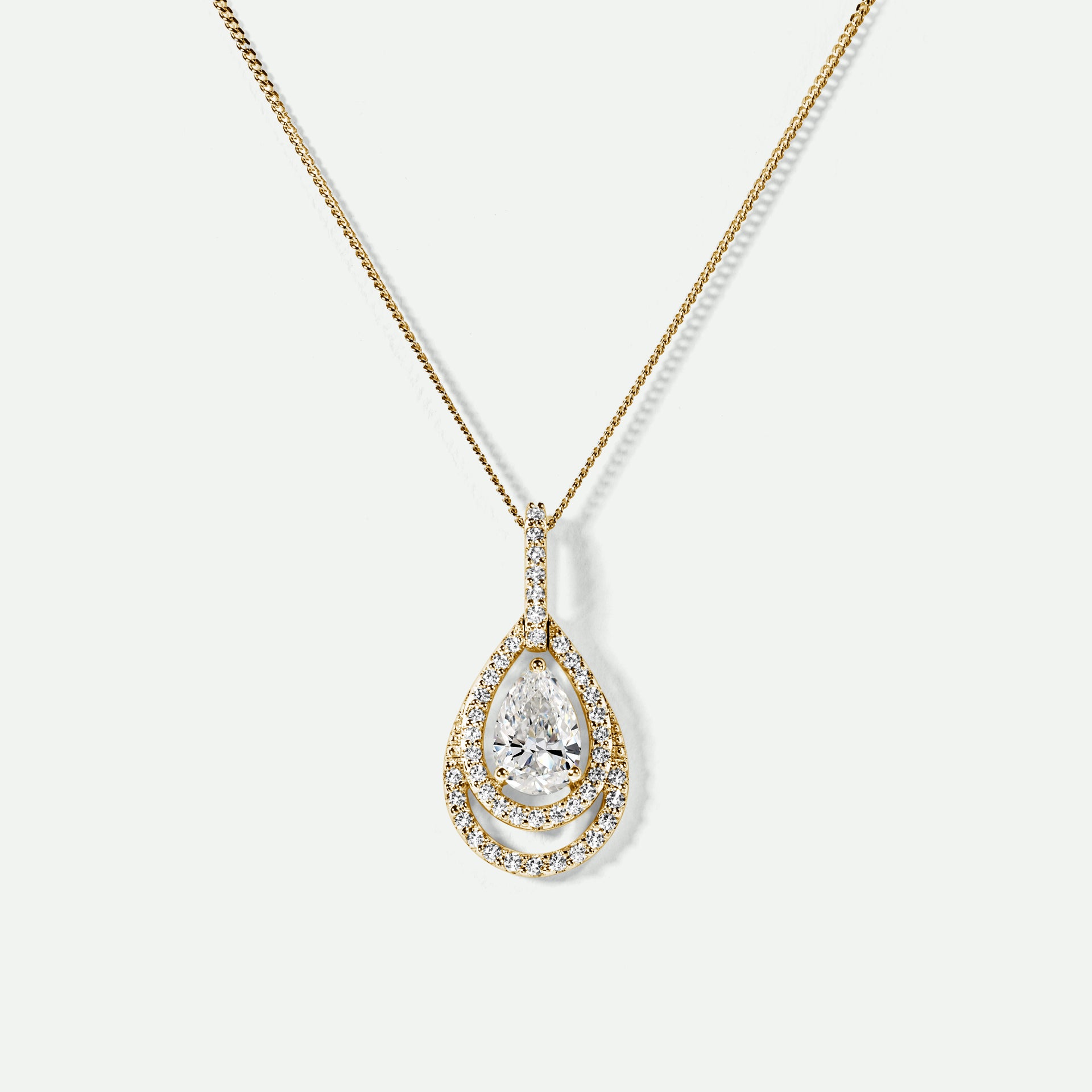 Boston | 9ct Yellow Gold 0.75ct tw Pear Cut Lab Grown Diamond Double Halo Necklace 18 Inches