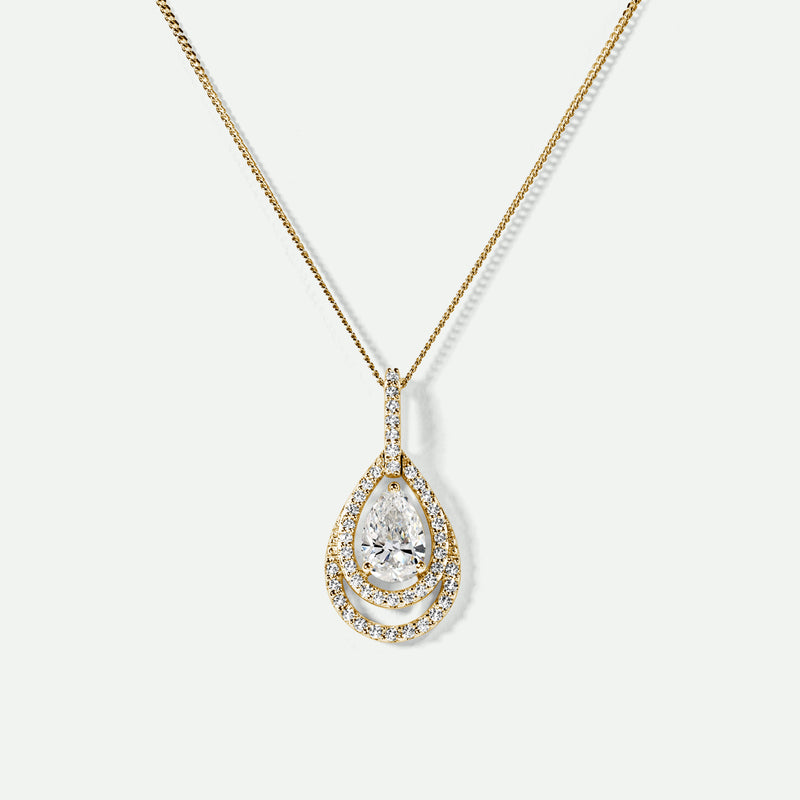 Boston | 9ct Yellow Gold 0.75ct tw Pear Cut Lab Grown Diamond Double Halo Necklace 18 Inches