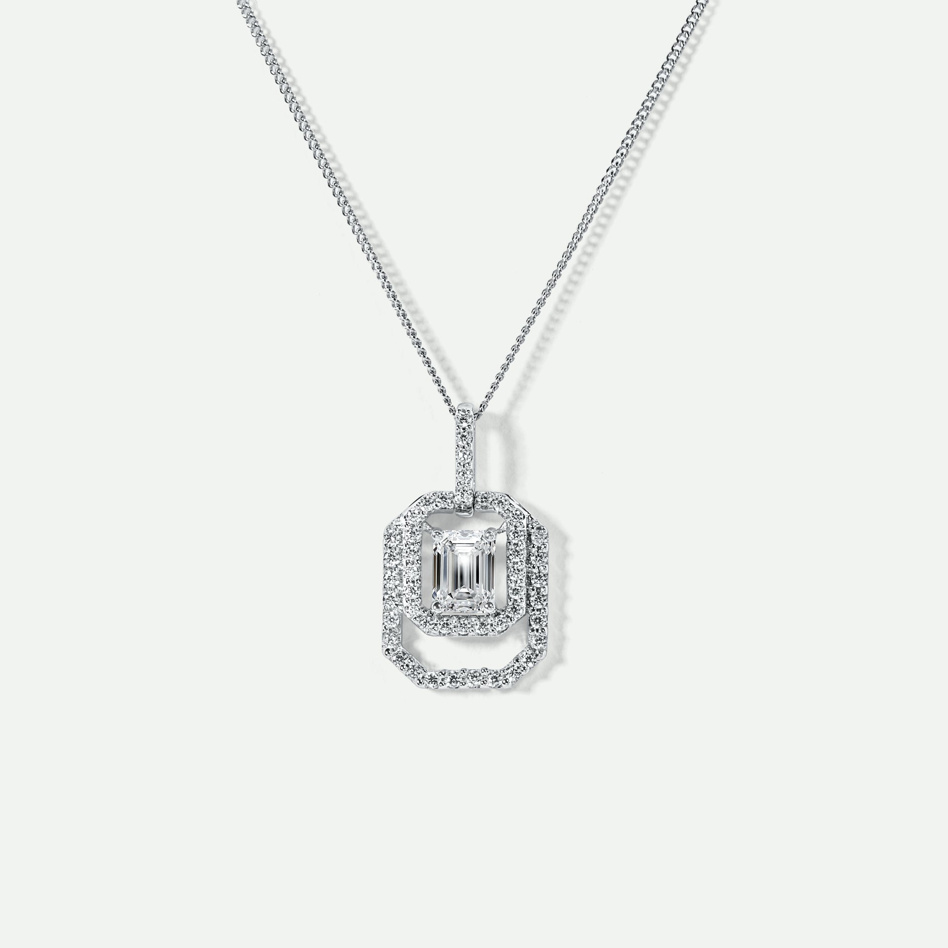 Lynn | 9ct White Gold 0.75ct tw Emerald Cut Lab Grown Diamond Double Halo Necklace 18 Inches