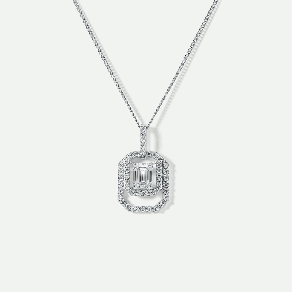 #Lynn | 9ct White Gold 0.75ct tw Emerald Cut Lab Grown Diamond Double Halo Necklace 18 Inches