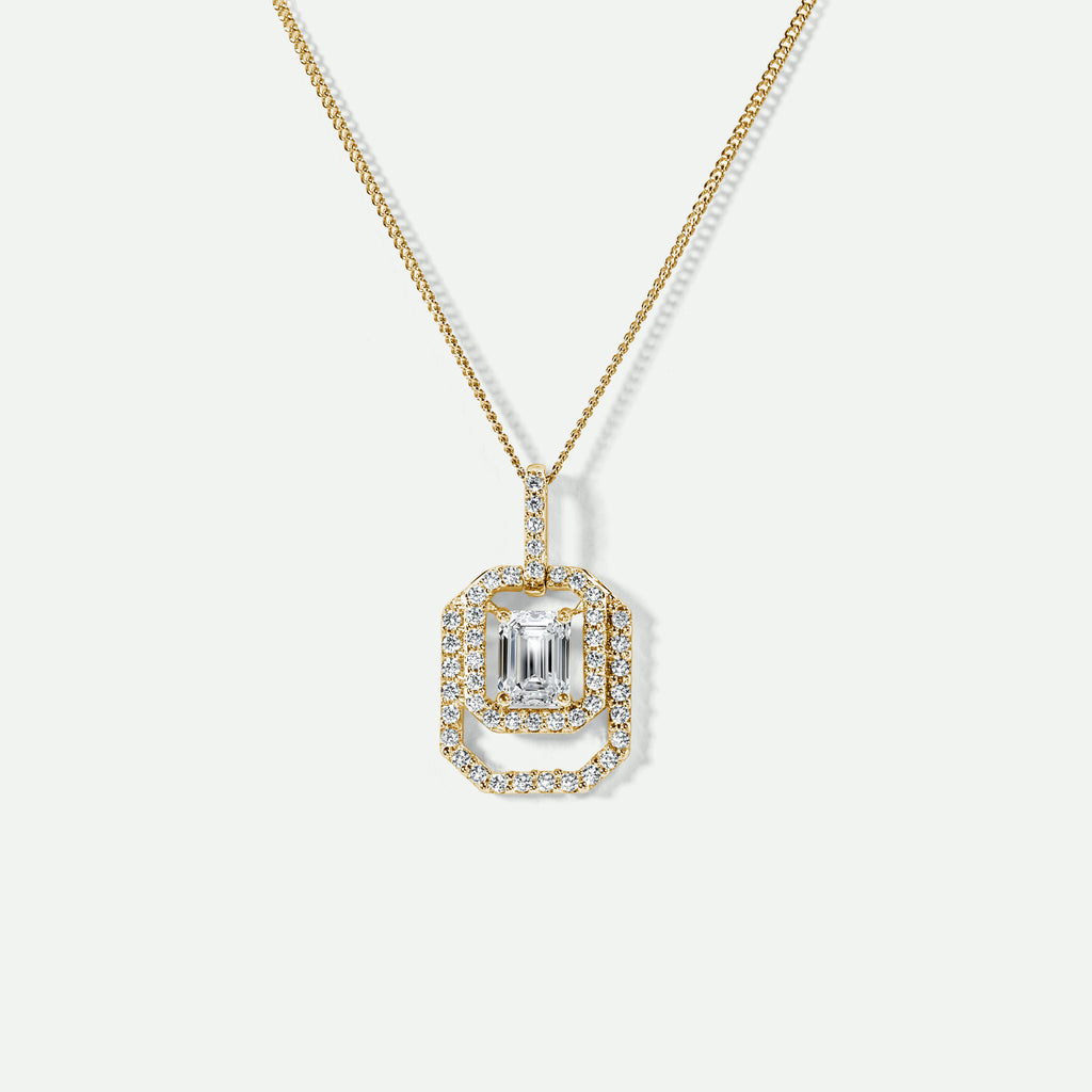 #Lynn | 9ct Yellow Gold 0.75ct tw Emerald Cut Lab Grown Diamond Double Halo Necklace 18 Inches