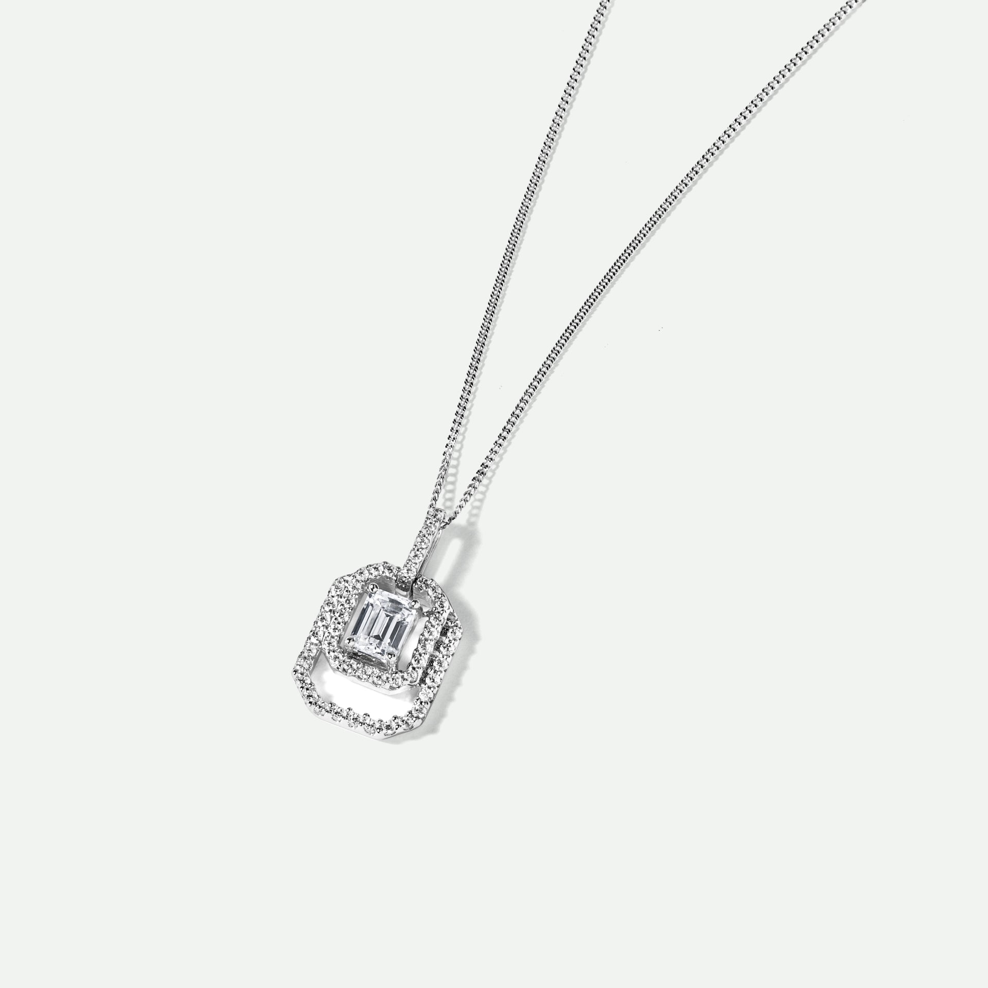 Lynn | 9ct White Gold 0.75ct tw Emerald Cut Lab Grown Diamond Double Halo Necklace 18 Inches