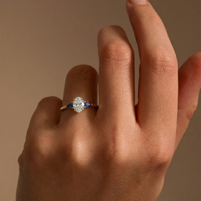 Rebecca | 9ct Yellow Gold 0.75ct tw Oval Lab Grown Diamond and Created Sapphire Ring