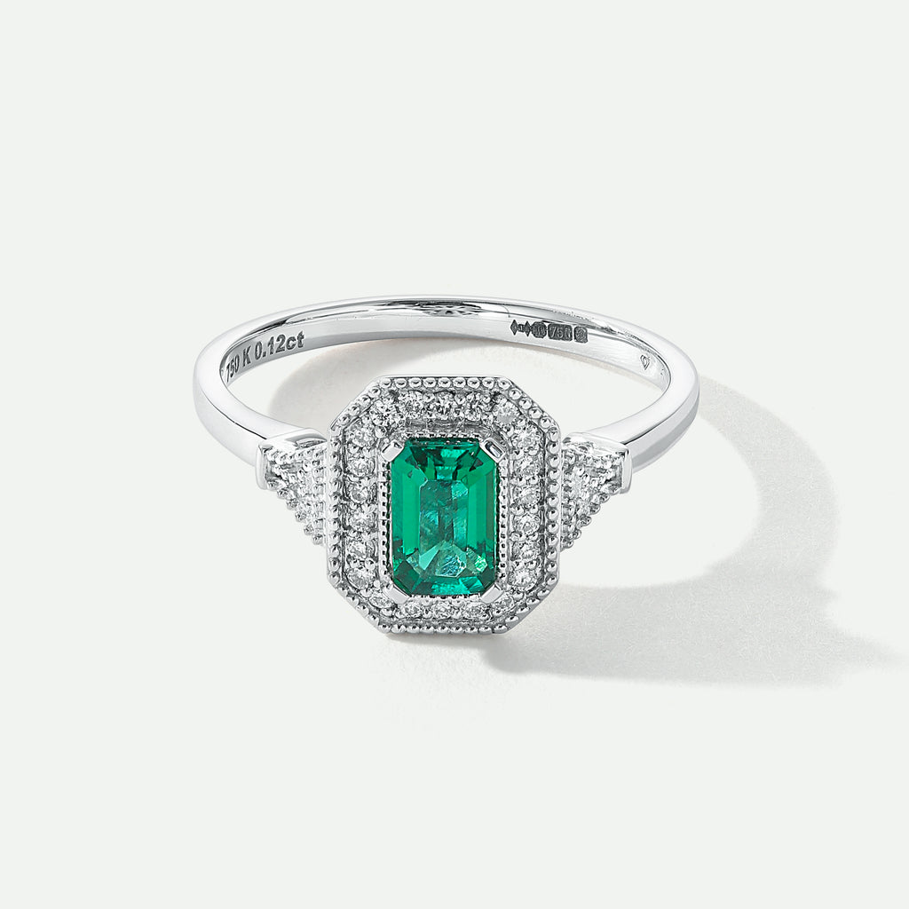 #Vera | 18ct White Gold 0.12ct tw Lab Grown Diamond and Created Emerald Vintage Ring