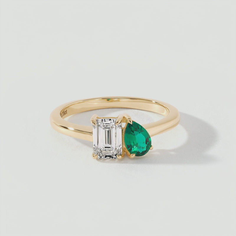 Video for Harmony | 9ct Yellow Gold 0.75ct tw Lab Grown Diamond and Created Emerald Toi et Moi Ring